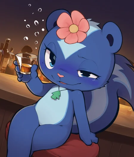 masterpiece, best quality, furry female, safe, solo, petunia, chibi, blue fur, skunk, flower, drunk, sitting, bar, alcohol, shot glass, legs crossed, dark, barely illuminated, drunk bubble, uneven eyes, cute, detailed background, dutch angle, cinematic, art by wildering
