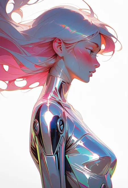 L1ghtm4k3r, 1girl, solo, long hair, floating hair, parted lips, from side, upper body, blush, profile, white background, chromatic aberration, light refractions across hair, metallic body suit <lora:LightMaker:1>