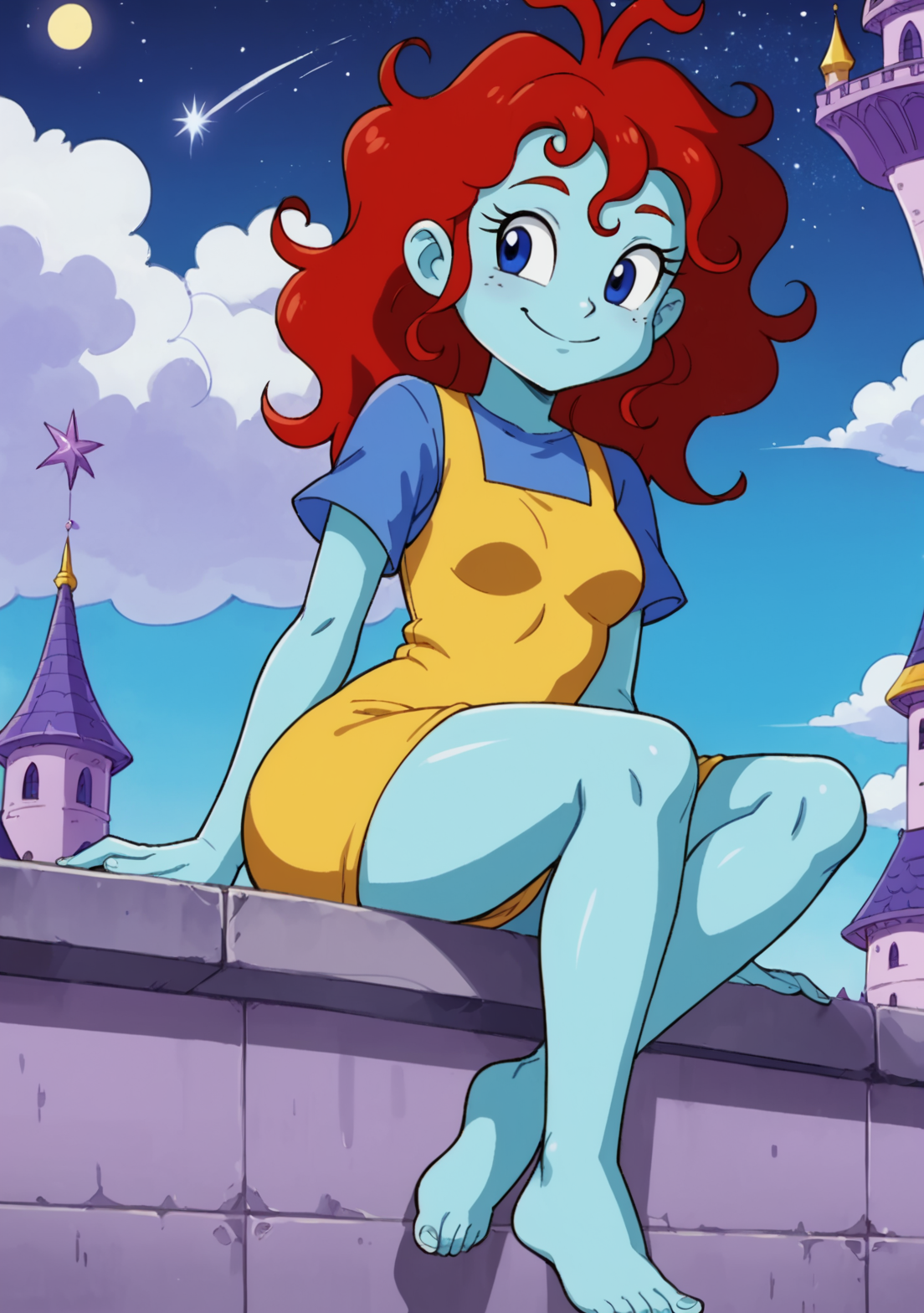score_9, score_8_up, score_7_up, source_anime BREAK, 1girl, solo, solo focus, Pooky(dragon tales), Pookypony, monster girl, full body, colored skin, blue skin, blue eyes,  red hair,  small breasts, blue shirt, yellow dress, bare feet, bare legs, wide hips, smile,   looking upward, looking at sky, legs hanging, sitting on edge,  purple roof, sitting on roof, purple castle tower, purple flag,  purple tower, roof, clouds, night, starry sky, shooting stars,  <lora:Pooky_the_GiantDragon_Tales:0.9>