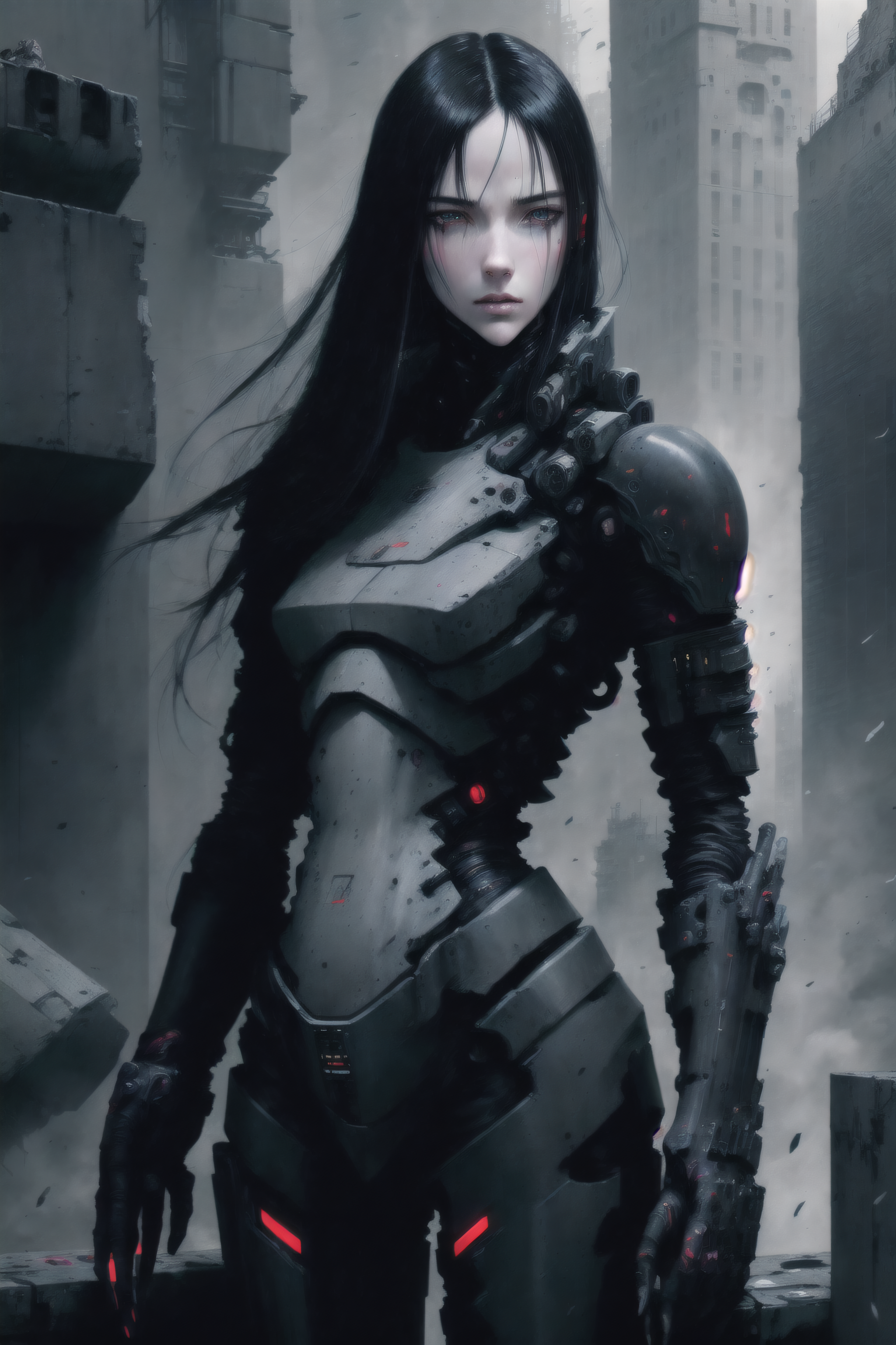 dark colors, best quality,realistic,detailed,soft lighting,  sanakan (safeguard),safeguard, hair, cyborg, portrait, detailed face, pale skin, tubes, concrete, mega structures, giant buildings ,decrepit scenery,  debris, <lora:blamev2:0.8>