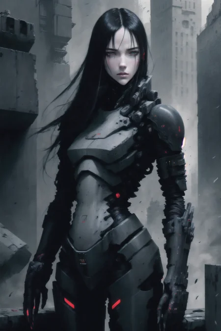 dark colors, best quality,realistic,detailed,soft lighting, sanakan (safeguard),safeguard, hair, cyborg, portrait, detailed face, pale skin, tubes, concrete, mega structures, giant buildings ,decrepit scenery, debris, <lora:blamev2:0.8>