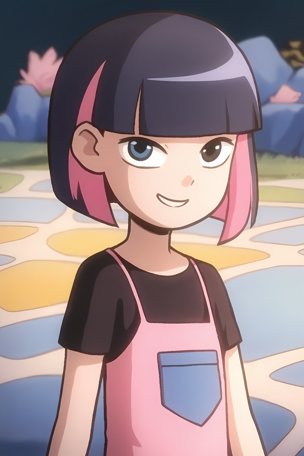 <lora:kele:1>,kele,1girl,solo,black eyes,blue eyes,short hair,two-tone hair,black hair,pink hair,colored inner hair,bob cut,blunt bangs,shirt,t-shirt,black shirt,pink shirt,short sleeves,smile,looking at viewer,, masterpiece,best quality,amazing quality,absurdres, anime screenshot, lazypos ,
