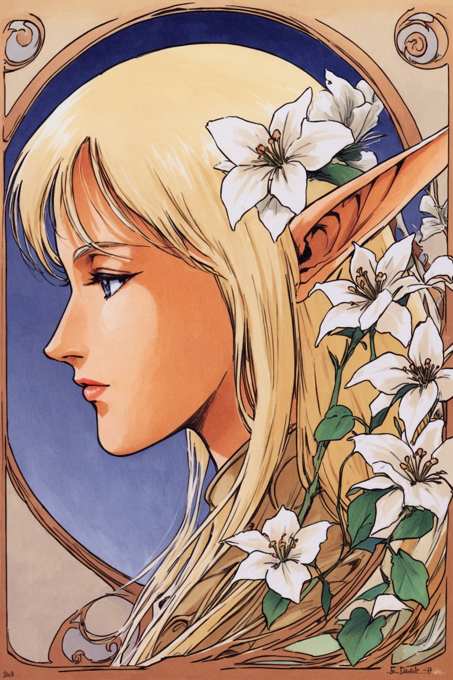 pointy ears,1girl,Deedlit,elf,blonde hair,long hair,solo,art nouveau,flower,profile,blue eyes,portrait,retro artstyle,traditional media,marker_(medium),<lora:Yutaka Izubuchi_XL:0.8>,