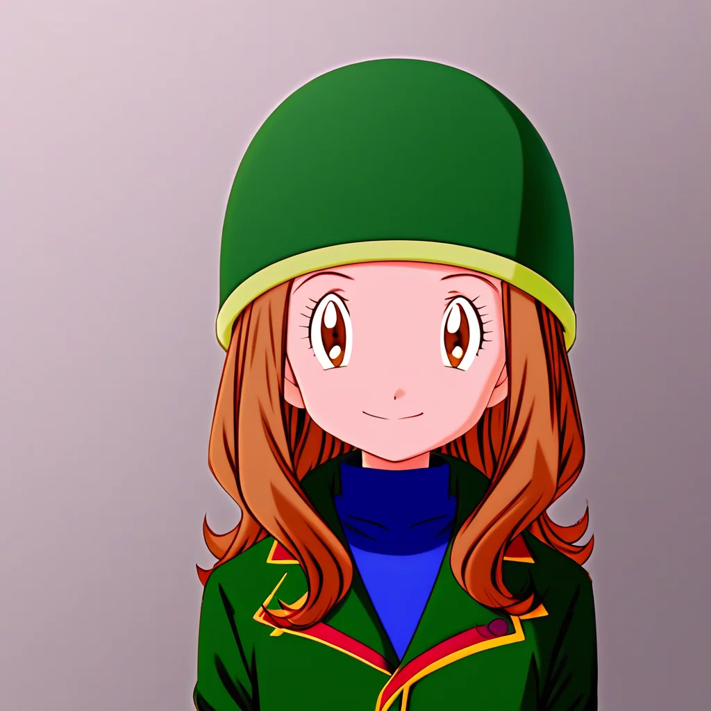 digimon adventure 02, mimi tachikawa, brown hair, 1girl, solo, smile, brown eyes, long hair, brown hair, closed mouth, eyelashes, jacket, looking at viewer, hat, green headwear, coat, upper body, long sleeves, helmet, green jacket,winter clothes