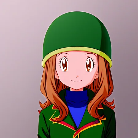 digimon adventure 02, mimi tachikawa, brown hair, 1girl, solo, smile, brown eyes, long hair, brown hair, closed mouth, eyelashes, jacket, looking at viewer, hat, green headwear, coat, upper body, long sleeves, helmet, green jacket,winter clothes