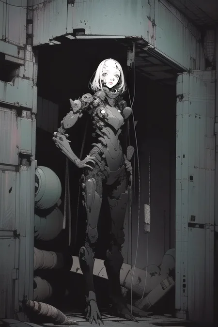 (masterpiece), (best quality), (high resolution), hyper detailed, solo, girl, detailed_background,vast, gigantic, decrepit scenery, covered in large tubes and cables, dim light, giant-gross-organic (organic works very well with buildings and city scenery) monsters-creatures, cyborg girl <lora:epiNoiseoffset_v2:1.3>, <lora:blameLora_v10:1>