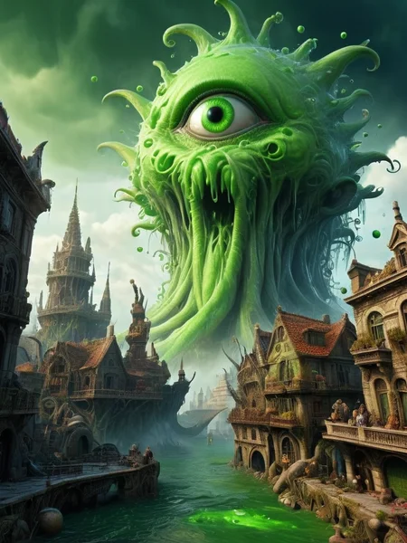 green sludge,molten skin,eat poison sludge, many warts,tumor and speck,many slime Around,Green poison bubbles are flying,(Poison spews from the body),dissolved body,black smoke, green smoke,highi-definition, cluttered environment,,ultra detail,green purple,dirty city, cyclops <lora:cyclops:1>