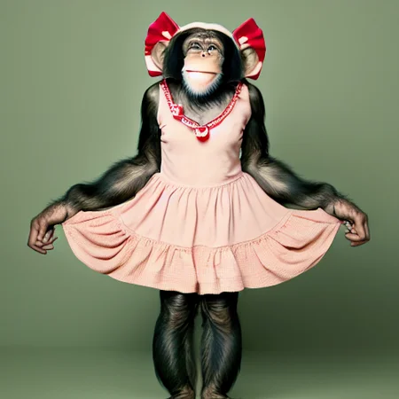 chimp woman wearing a dress photo shoot