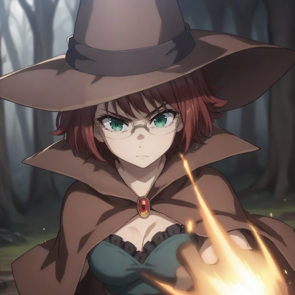 <lora:Female_Wizard_Goblin_Slayer:1> , score_9,score_8_up,score_7_up,
 witch hat,  short hair, bangs, wizard , green eyes, glasses,  witch hat, 
in forest, throwing a fireball, action pose,