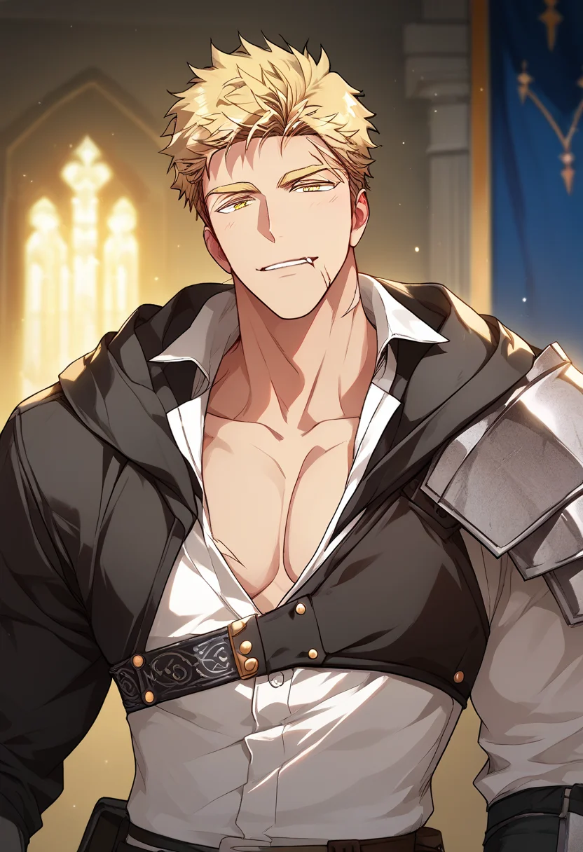 1boy, male focus,
<lora:Character - Author of My Own Destiny - Gunter:1> gunter, blonde hair, scar, yellow eyes
((zPDXL)), best quality, amazing quality, best aesthetic, absurdres, year2023, nsfw, game cg, official art, official style, uncensored,
<lora:Style - Ecstasy_Emperess:0.45> emper3ss
castle
cowboy shot, collared white shirt, shoulder guard, pectoral cleavage, naughty face, chest belt,