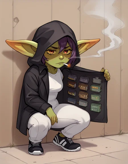 score_9,score_8_up,score_7_up, 1girl,solo, track suit shirt, track suit pants, black sneakers, squatting, m3rch4nt, hood, trench coat, open black coat, pack of cigarettes in coat, smoking, (two-toned track suit, black suit:1.2, white suit:1.2)
<lora:Goblin:0.8> goblin, short stature, pointed ears, green skin, shortstack, <lora:Merchant:1>,