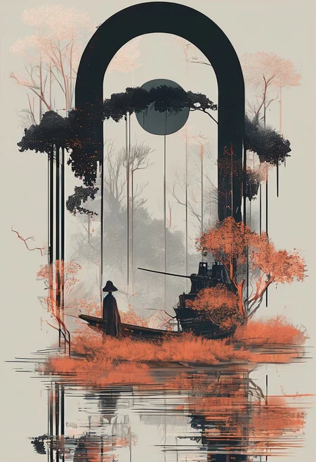 linquivera, Ink illustration, (anime:0.5), brown tones, aged black red paper, inkpunk, moonlight,surreal, a ghost standing on a boat in swampy wetlands, (at a distance), Will-o'-the-wisp, moonlit, lonely, solitude, windy, tall trees, willows, willowy, OverallDetail, extremely detailed, UHD,(long exposure , dystopian but extremely beautiful:1.4),<lora:- SDXL - letitflrsh_let_it_flourish_V1.0:0.8> ,<lora:Cute_Collectible:1>, <lora:XL_boss_battle:0.6> <lora:add-detail-xl:1>, <lora:Concept Art Twilight Style SDXL_LoRA_Pony Diffusion V6 XL:1>, <lora:MJ52:1>