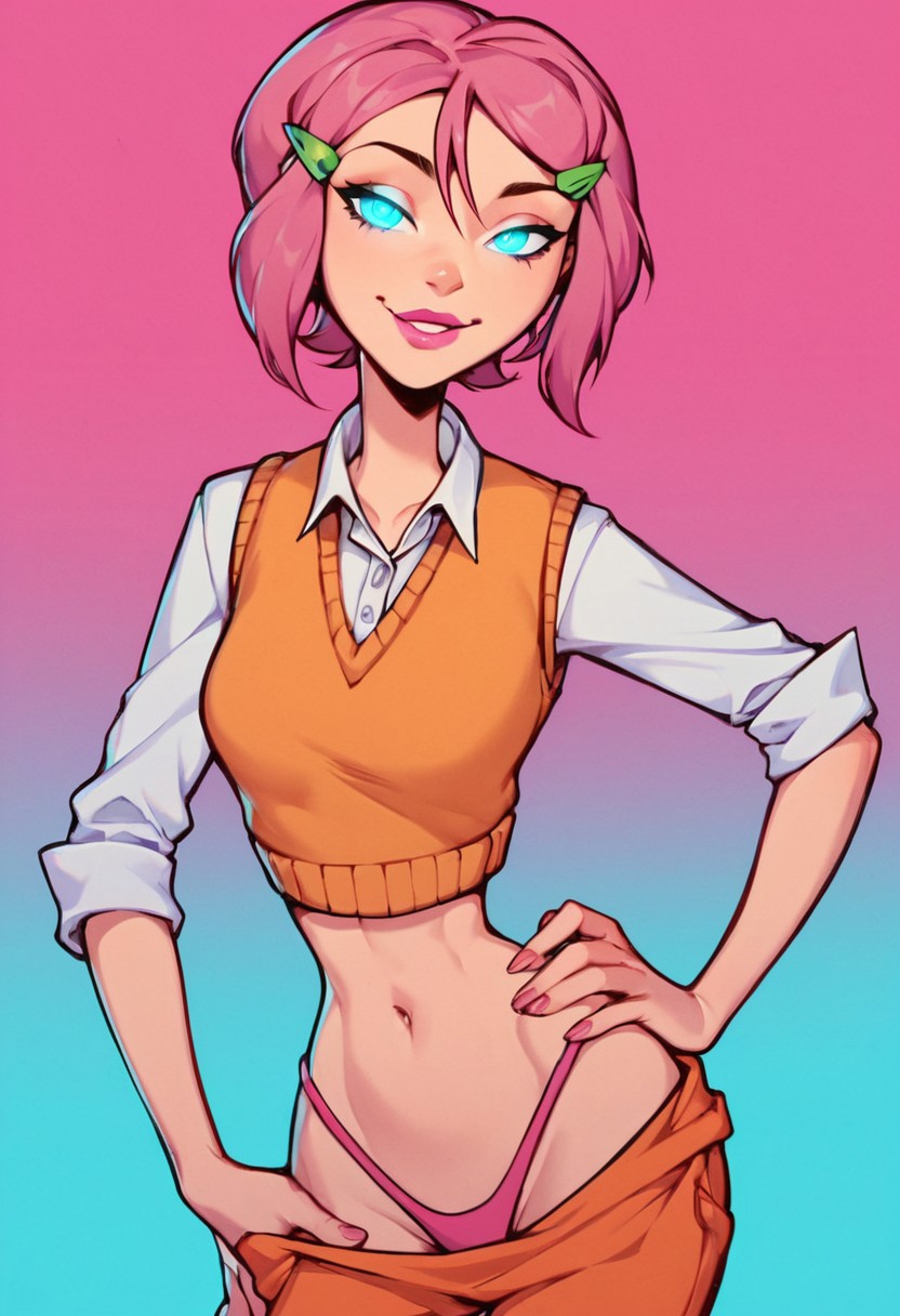 score_9_up, score_8_up, score_7_up, score_6_up,),  (high quality), (high resolution), Expressiveh, g0th1c, glowing, (Perfect eyes, Perfect body),(Sincerity Travers, blue eyes, short hair, pink hair, sidelocks, pink lipstick, green hairclips, Yellow collared shirt, loose collared shirt, orange sweater vest, orange pant, green shoes with white sole, slim waist, wide hips, small perky breasts, navel, pink thong frills), standing, looking at view, front view,  BREAK, glowing background, colorful background, pink background, blue background, BREAK, score_9, score_8, score_7,