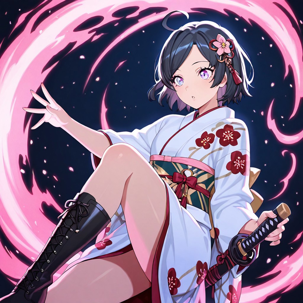 <lora:YahariOreNoSeishunLoveComedy_HikigayaKomachi_IlluXL:0.9>, Hikigaya Komach, anime_girl black_hair_with_pink_highlights Purple_eyes cheery_expression floral_hair_ornament_with_pink_flower traditional_kimono_with_cherry_blossom_pattern dark_blue_kimono_with_pink_and_white_flowers intricate_kimono_design_with_gold_accents holding_katana_with_both_hands glowing_katana_with_energy_trail dynamic_action_pose cherry_blossom_petals_floating_in_air vibrant_neon_pink_and_cyan_color_scheme dramatic_lighting_with_glowing_effects energy_aura_with_sparkling_particles black_lace-up_boots_with_shiny_finish detailed_background_with_splashes_of_pink_and_blue fantasy_warrior_theme strong_female_character ethereal_and_mystical_atmosphere high_contrast_art_style anime_illustration_with_digital_painting