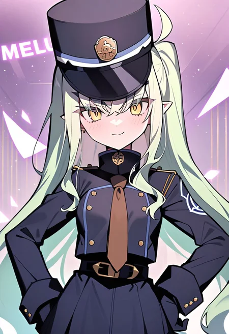 1girl, Melusine \(fate grand order\), fate grand order, solo, long hair, hat, white hair, pointy ears, yellow eyes, peaked cap, jacket, black gloves, hand on own hip, closed mouth, hair over one eye, looking at viewer, brown necktie, large breasts, eyes visible through hair, smile, long sleeves, side ponytail, gloves, upper body, light green hair, character name, necktie, breasts, english text, blush, black headwear, white jacket, 
masterpiece,best quality,  newest, absurdres, safe <lora:ag31_twin_fp8-000036:1>