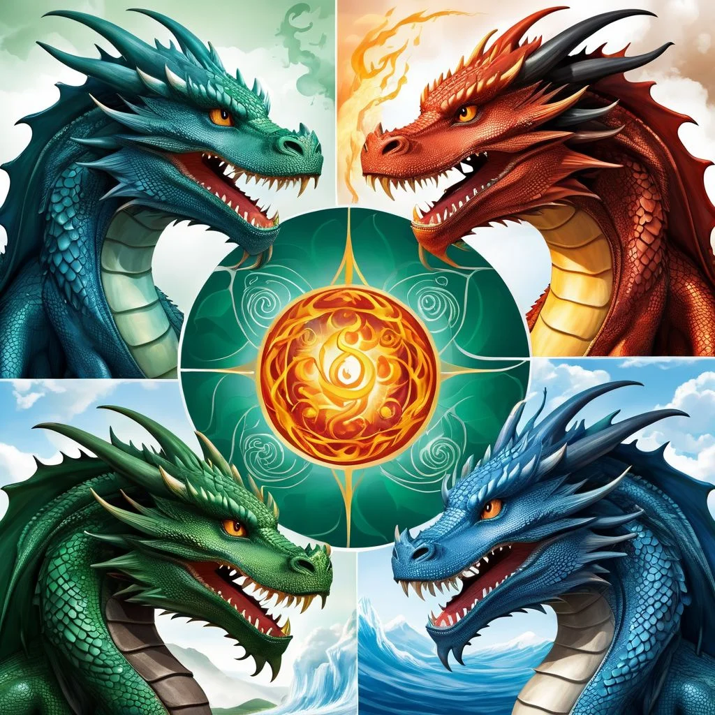 (((four dragons))), (planet earth centered), fourfold, dragons represent the 4 elements, (fire element огненный dragon), (water element blue dragon), ( earth element dark green dragon), (air element cloudy dragon)