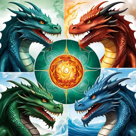 (((four dragons))), (planet earth centered), fourfold, dragons represent the 4 elements, (fire element огненный dragon), (water element blue dragon), ( earth element dark green dragon), (air element cloudy dragon)