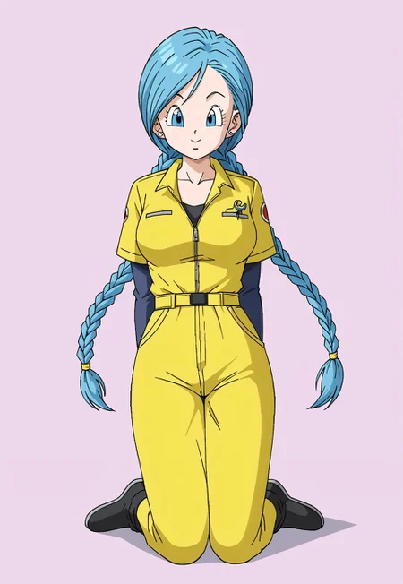 safe_pos,
score_9, score_8_up, masterpiece, stunning realistic, best quality, sharpness, easynegative, ng_deepnegative_v1_75t, negative_hand,perfect hands,perfect fingers,1 girl,large breasts,yellow jumpsuit, black undershirt, short over long sleeves, layered sleeves ,bulma,(braided hair:1),(very long hair:1),( two ponytails:1), blue eyes, blue hair,kneeling,(arms behind back;1)