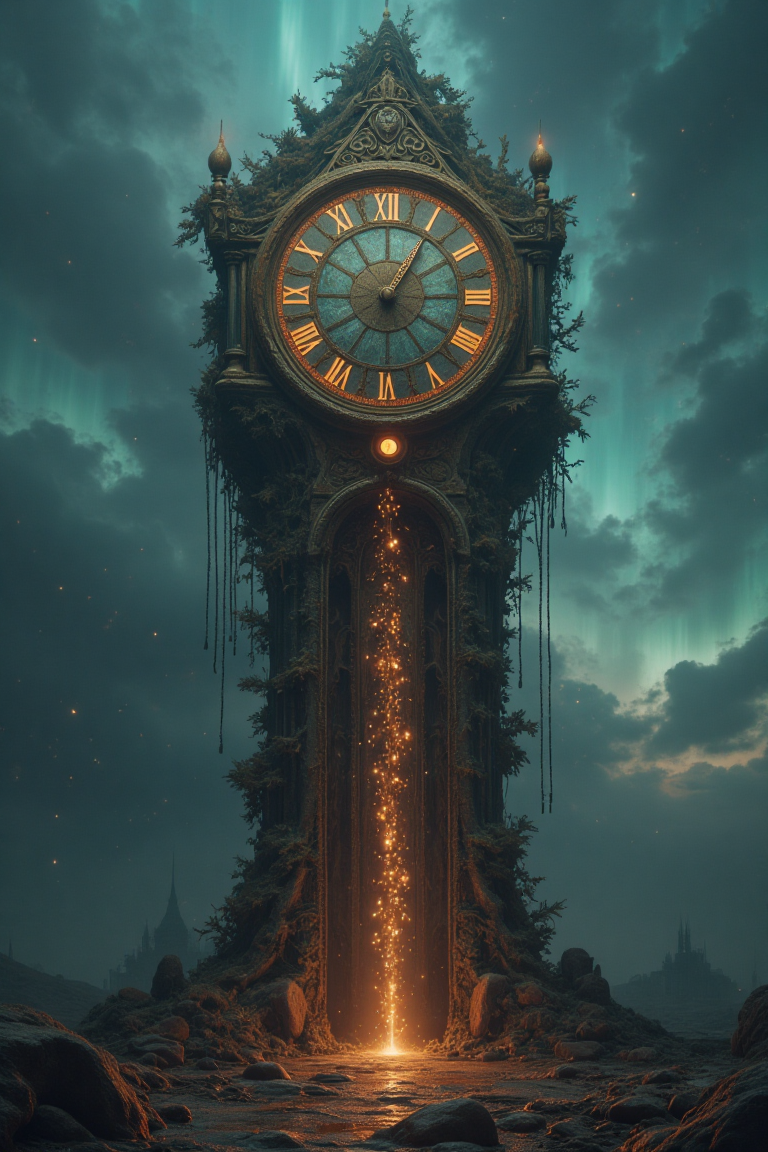 A towering clock, its face glowing faintly, stands in the center of a desolate, dreamlike landscape. Instead of ticking hands, the clock drips a liquid-like substance that pools on the ground below. Each droplet forms tiny, fleeting scenes—glimpses of memories, historical moments, and forgotten futures—before vanishing into the earth. The tower itself is cracked and overgrown with strange, glowing moss that pulses faintly. The surrounding environment is an endless twilight, neither day nor night, with a sky full of swirling auroras. Hyper-detailed textures of the dripping time, the glowing moss, and the surreal twilight atmosphere.