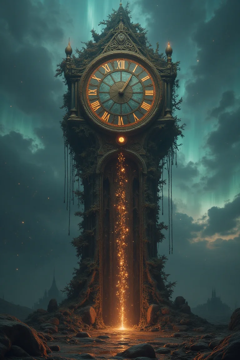 A towering clock, its face glowing faintly, stands in the center of a desolate, dreamlike landscape. Instead of ticking hands, the clock drips a liquid-like substance that pools on the ground below. Each droplet forms tiny, fleeting scenes—glimpses of memories, historical moments, and forgotten futures—before vanishing into the earth. The tower itself is cracked and overgrown with strange, glowing moss that pulses faintly. The surrounding environment is an endless twilight, neither day nor night, with a sky full of swirling auroras. Hyper-detailed textures of the dripping time, the glowing moss, and the surreal twilight atmosphere.