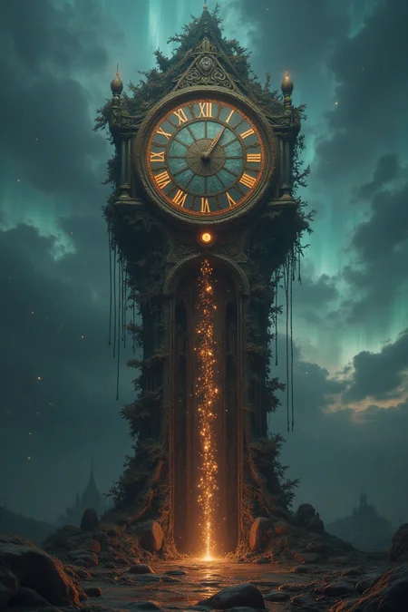 A towering clock, its face glowing faintly, stands in the center of a desolate, dreamlike landscape. Instead of ticking hands, the clock drips a liquid-like substance that pools on the ground below. Each droplet forms tiny, fleeting scenes—glimpses of memories, historical moments, and forgotten futures—before vanishing into the earth. The tower itself is cracked and overgrown with strange, glowing moss that pulses faintly. The surrounding environment is an endless twilight, neither day nor night, with a sky full of swirling auroras. Hyper-detailed textures of the dripping time, the glowing moss, and the surreal twilight atmosphere.