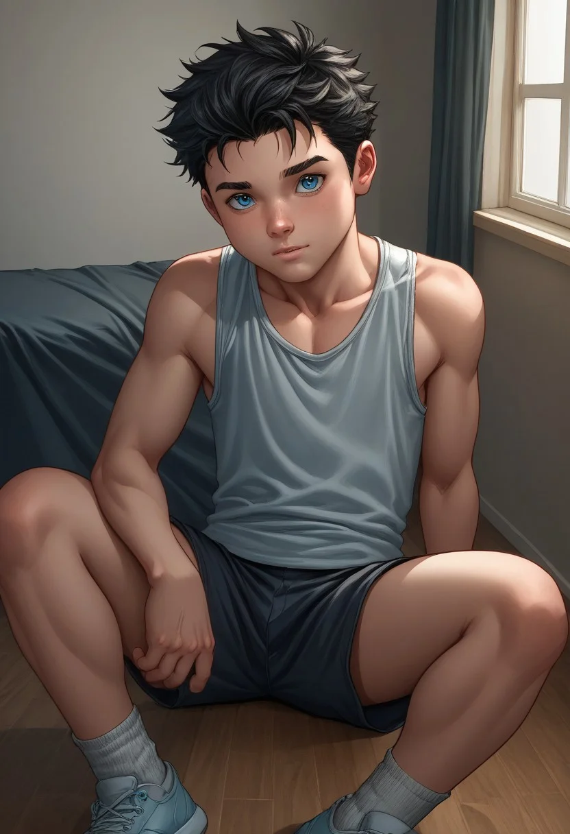 score_9, score_8_up, score_7_up, highly detailed, cute boy, 1boy, solo, young, Sam Alexander, Black Hair, Blue Eyes, tank top, shorts, socks