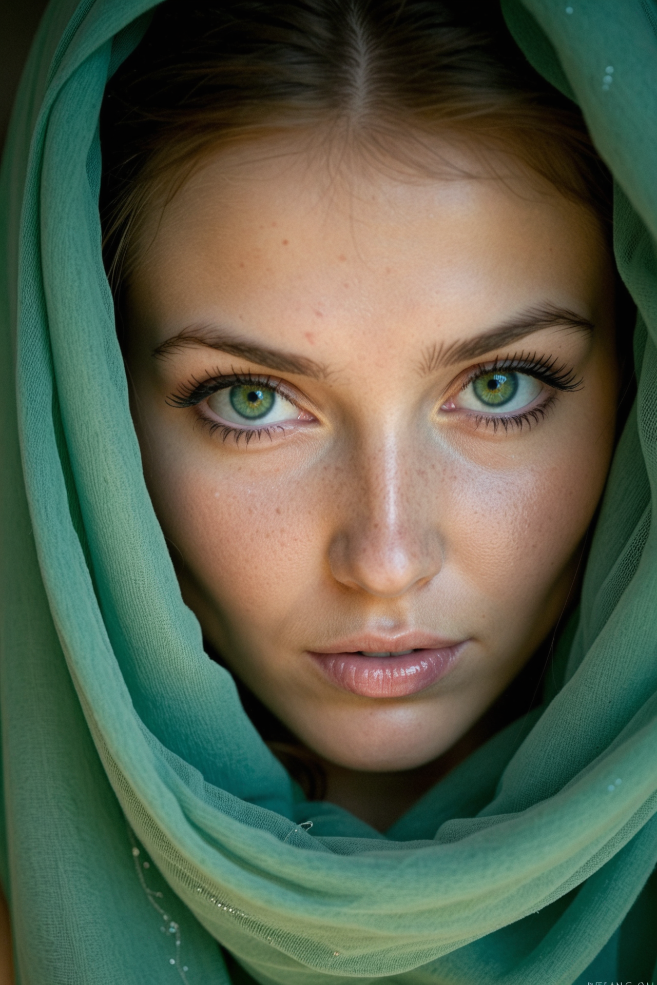 A breathtakingly beautiful portrait of a mystical woman shrouded in an ethereal aura, as if the light itself has been woven into the fabric of her being. Her stunning green eyes seem to hold a thousand secrets, sparkling eyes, delicate silver eyelashes that dance with each subtle movement.