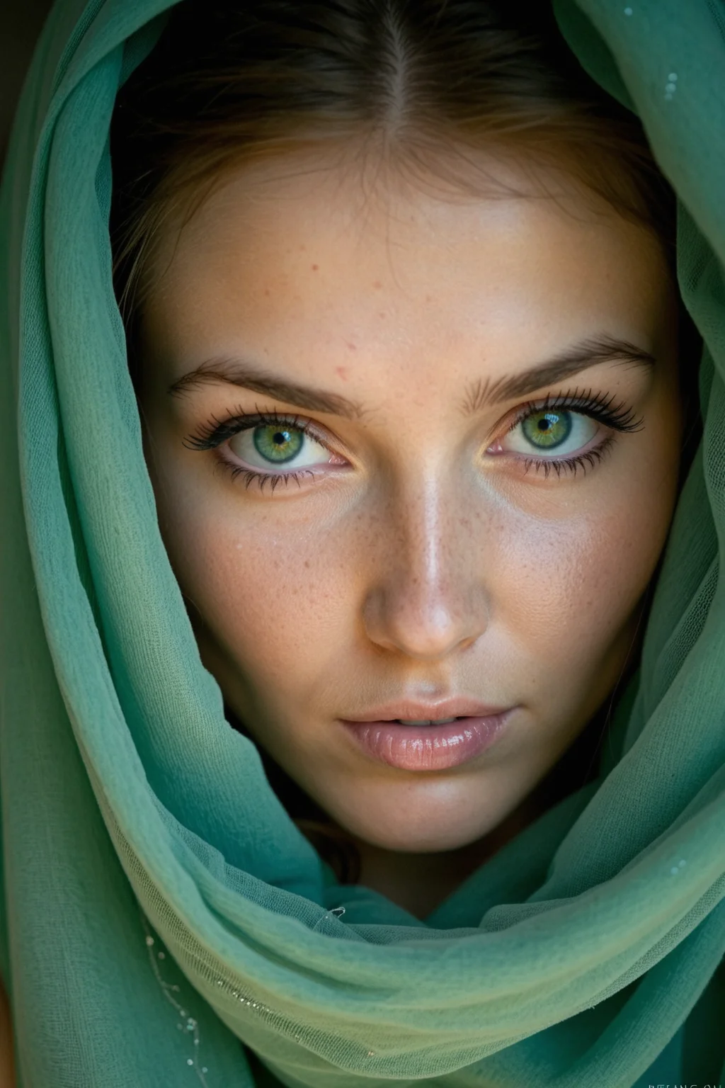 A breathtakingly beautiful portrait of a mystical woman shrouded in an ethereal aura, as if the light itself has been woven into the fabric of her being. Her stunning green eyes seem to hold a thousand secrets, sparkling eyes, delicate silver eyelashes that dance with each subtle movement.