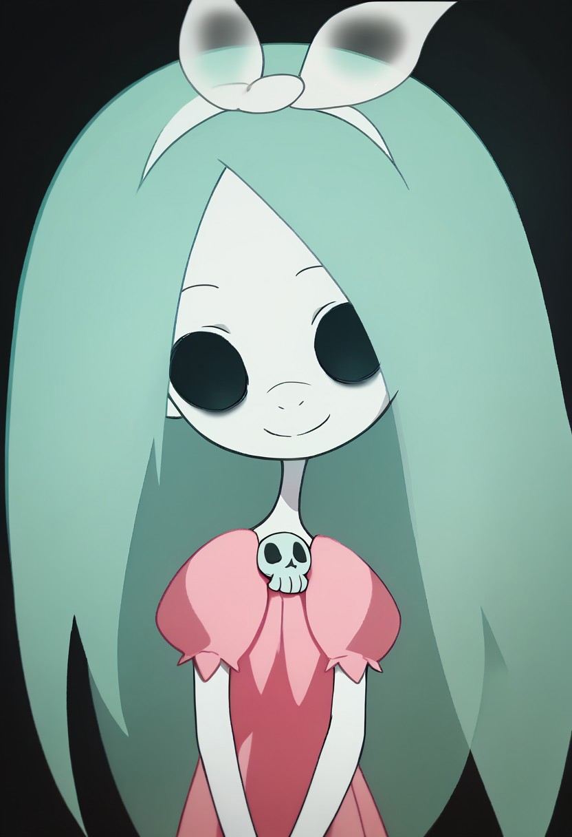score_9, score_8_up, score_7_up BREAK Dthgrl, 1girl, ghost, pale skin, black hollow eyes, cyan hair, white bow, pink dress with skull brooch, barefoot, smiling at viewer,