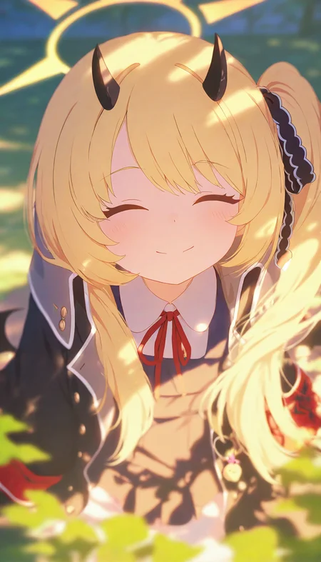 REMEMX,
masterpiece,best quality,amazing quality,very aesthetic,newest,1girl, solo, ibuki \(blue archive\), blonde hair, halo, closed eyes, horns, pointy ears, ribbon, closed mouth, smile, long hair, blurry, black horns, demon horns, coat, shirt, blurry background, red ribbon, collared shirt, yellow halo, neck ribbon, facing viewer, black coat, white shirt, outdoors, side ponytail, depth of field, hair ribbon, portrait