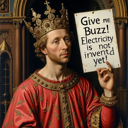 style of Jan Van Eyck, a king's upper-body portrait but he is holding up a crowd sign saying "Give me Buzz! Electricity is not invented yet!"