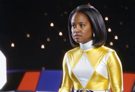 female yellow power ranger Aisha, side-parting voluminous straight shoulder-length bob hair, alone, helmetless, uniform, white turtleneck collar, white gloves belt, serious facial expression, mouth closed, mouth shut, in megazord, hyperdetailed photography