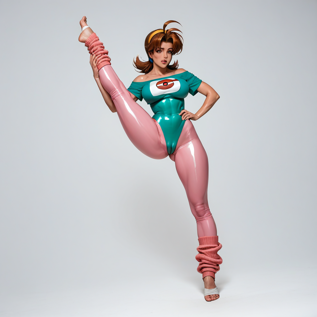 pornstar, porn, pornography, realism, photorealism, score_9, score_8_up, score_7_up, score_6_up, score_5_up, solo, source_pokemon, delia ketchum, BREAK, MILF, large breasts, 25 year old female, delia ketchum\(Pokemon\), 1woman, (brown hair), brown eyes, shiny skin, perfect beautiful face, long eyelashes, sharp eyes pupils, full lips, parted lips, nice thighs, round ass, nervous expression, shiny skin, naughty face,  dutch angle, front facing, Standing split, brown hair, yellow hairband, brown eyes, retro_workoutwear, 1980s_(style), aerobics, leg_warmers, stirrup_legwear, neon, leggings, shiny_leotard, neon_pink, crop_top, off_shoulder, tented_shirt, cameltoe, skintight, see-through, standing, sexy pose, simple background