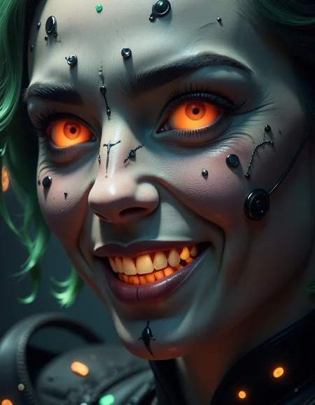 4k photo of a sifi halloween close-up of a person's face as they smile, hyper detailed, super sharp, crisp, smooth, smooth gradients, depth of field, in the style of hall0w33n