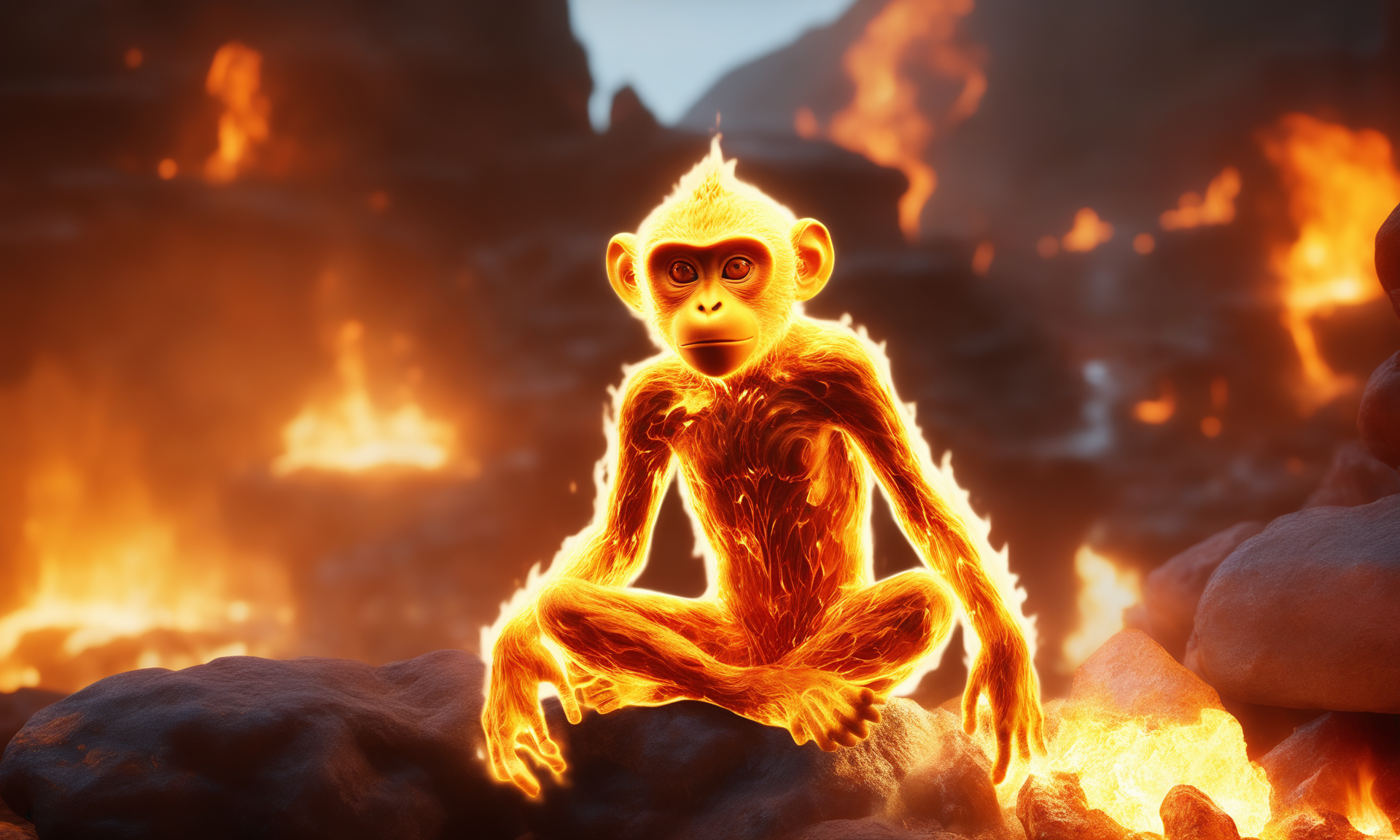 <lora:firecd_xl-000017:0.6>,a transparent fire elemental monkey made of (firecd_xl,raging flames:1.2,burning) in hell,fire eyes,fire hairs,fire body,splash fire,no humans,long-focus,tilt-shift,outdoors,on molten rock,full body,chinese zodiac,cutie,cute,still life,front view,facing viewer,looking at viewer,ethereal fantasy concept art,magnificent,epic,majestic,magical, emotional,harmonious,high budget,moody,epic,gorgeous,perfect lighting,realistic,photorealistic,photographic,photo (medium),real,moody lighting,volumetric lighting,reality ray tracing,8K,HDR,UHD,masterpiece,best quality,highly detailed,high resolution,finely detail,extremely detailed,ultra detailed,wallpaper