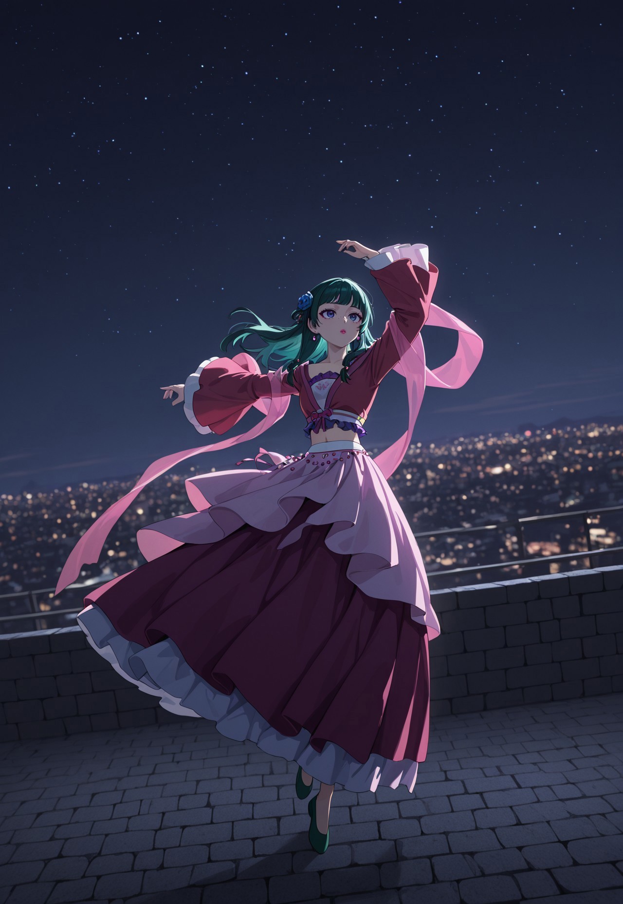 masterpiece, best quality, amazing quality, very aesthetic, absurdres, dynamic pose, dynamic angle, ultra-detailed, highly detailed, cinematic lighting, realistic shading, intricate details, soft lighting, high contrast, depth of field, full body, ADFDMao2, 1girl, green hair, blue eyes, flat chest, freckles, pink lipstick, pink eyeshadow, FDhairstyle, official alternate hairstyle, long hair, straight hair, blue hair flower, low twintails, hair beads, official alternate costume, pink crystal earrings, white crop top, purple frills, red cropped jacket, red long sleeves, red wide sleeves, midriff, pink hagoromo, bead belt, white sash, red layered skirt, green flats, dancing, night, starry sky, outdoors, city scape, beijing, on brick wall