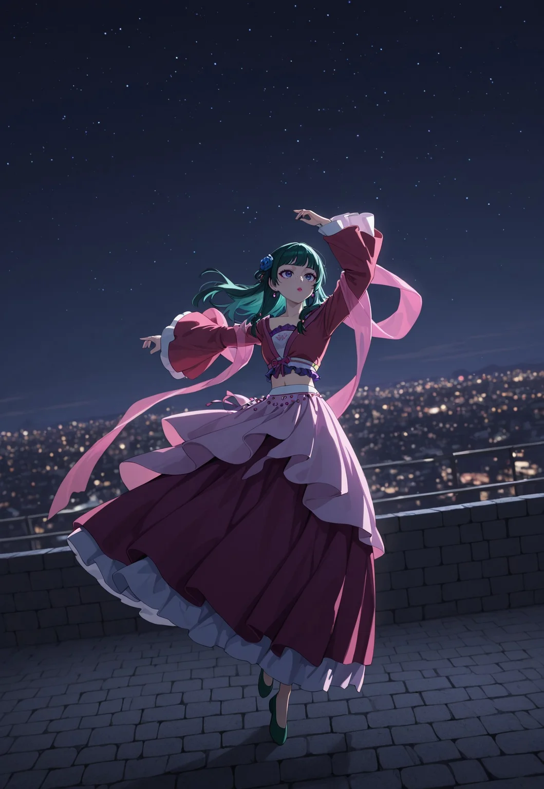 masterpiece, best quality, amazing quality, very aesthetic, absurdres, dynamic pose, dynamic angle, ultra-detailed, highly detailed, cinematic lighting, realistic shading, intricate details, soft lighting, high contrast, depth of field, full body, ADFDMao2, 1girl, green hair, blue eyes, flat chest, freckles, pink lipstick, pink eyeshadow, FDhairstyle, official alternate hairstyle, long hair, straight hair, blue hair flower, low twintails, hair beads, official alternate costume, pink crystal earrings, white crop top, purple frills, red cropped jacket, red long sleeves, red wide sleeves, midriff, pink hagoromo, bead belt, white sash, red layered skirt, green flats, dancing, night, starry sky, outdoors, city scape, beijing, on brick wall