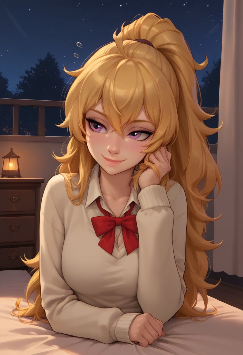 masterpiece,best quality, highly detailed, score_9, score_8_up, score_7_up, score_6_up,source_anime, 
BREAK,  1girl, Yang Xiao Long, voluminous blonde hair, very busty, slim, school uniform, ponytail, long hair, loose hair, casual, cozy, cute, no makeup, night, relaxed, bedroom, sat in bed, night, ((sleepy smile)),