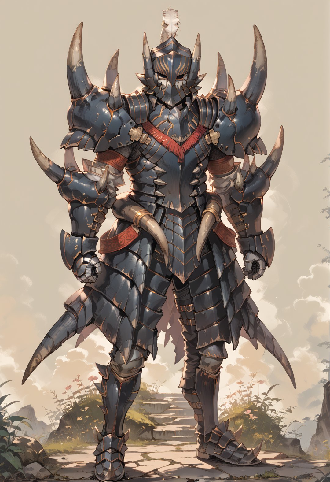 (score_9:0.9),score_8_up,score_7_up,rating_safe,anime style,(zPDXL),<lora:Akantor armor - male ponyXL v1:0.8>,akantor armor, full armor, solo, black helmet, 1boy, male focus, standing, full body, black gauntlets, black shoulder armor, white feather, black armor boots, black armor skirt, covered face,