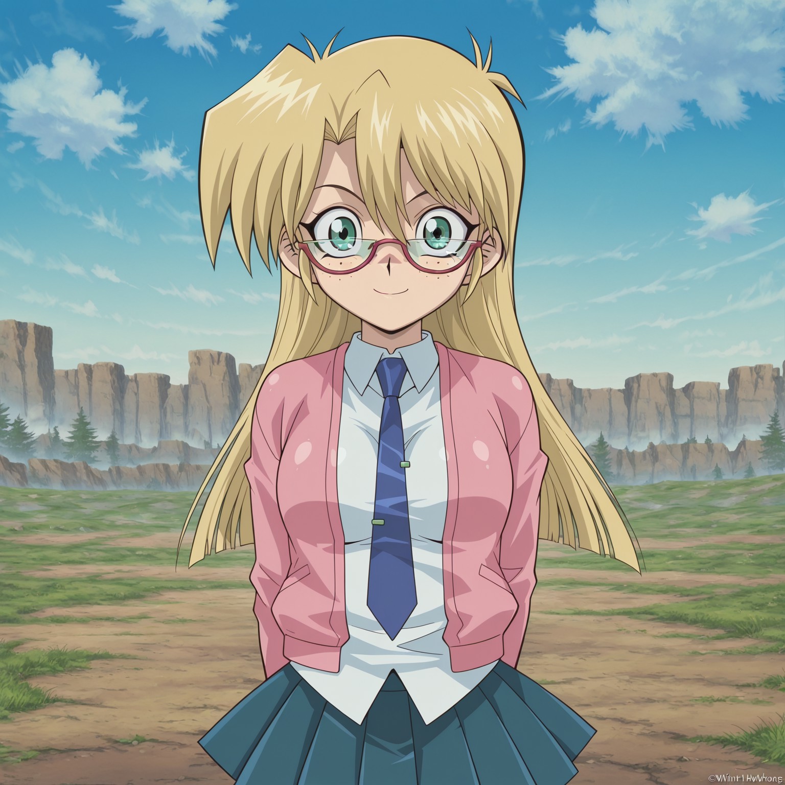 masterpiece, best quality, amazing quality, amazing quality,very aesthetic,absurdres,best quality,newest,masterpiece, breasts, anime screencap, anime artstyle, winking, happy, breasts, anime screencap, anime coloring,safe_pos, safe_pos, score_9, score_8_up, score_7_up,yu-gi-oh!, rebecca hawkings, blonde hair, long hair, glasses, green eyes, freckles, skirt, uniform, necktie