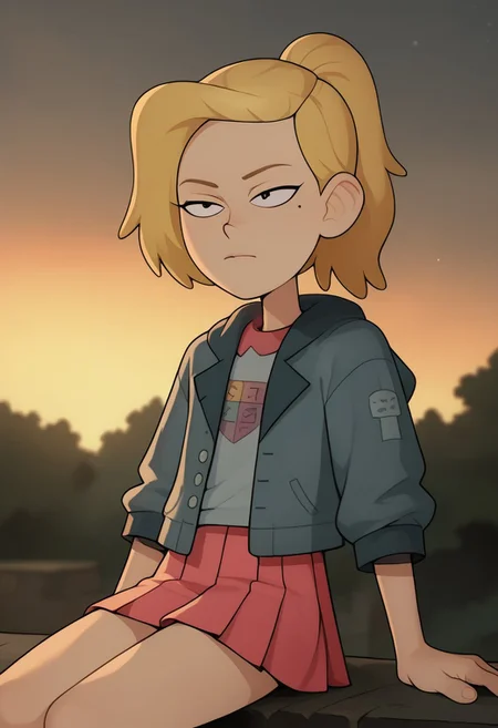 score_9, score_8_up, score_7_up, Loodncrood, 1girl, sasha waybright, blonde hair, ponytail, black eyes, mole under eye, grey hoodie, blue shirt, logo on shirt, pink skirt, pleated skirt, denim jacket, sunset, sitting on a cliff edge, trees, (perfect eyes)