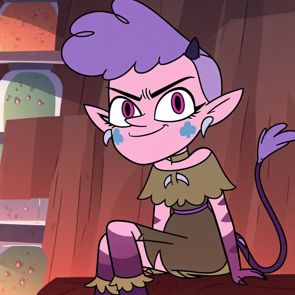score_9, solo, meteora_sv, purple hair, pointy ears, horns, earrings, tail, choker, dress, sitting, smirk