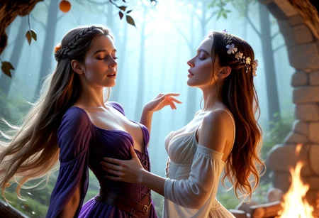 score_9, score_8_up, score_7_up, photo, photorealistic, from below, front side view, beautiful, natural breasts, thin body, (very long hair), 2 girls, french braid, flower ornaments,
golden hour, warm light. fantasy. flirting, coy, shy, blushed, High-fantasy setting. fantasy. female witch, wet skin, purple ornate loose clothing, high slit clothing, teardrop breasts, dancing, twirling, (rim light, stark shadows), ((windy)), (floating glowing runes), ecstatic, moaning, squeezing breast, hand between legs,
BREAK,
dancing, (seductive pose:1.5), (sexy pose:1.5), arched back, pleased, eyes closed, head leaning back,
Spooky forest background, (large bonfire),