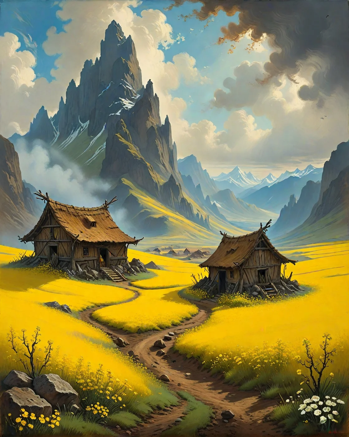Nicholas Roerich (mystic mountains), Rapeseed fields under overcast sky, rusted scythe in grass, charcoal burner's earth mound,badger sett activity.Decaying reality engine leaking partial dimensions,
artstation, trending on artstation, highly detailed fantasy art, stocking, intricate, elegant, highly detailed, centered, digital painting, concept art, smooth, sharp focus,
<lora:tbh124-sdxl:0.15> style of Jean-Antoine Watteau,
<lora:tbh112-sdxl:0.15> style of Gregory Fromenteau
<lora:add-detail-xl:0.7>
<lora:Flux-XL_Scenery:0.15> flux-scenery,
<lora:Flux-style-xl-lora:0.15> flux-style
<lora:1dkXLP:0.15> 1dk,
<lora:urotatoXL10a:0.15> ur0tat0xl10a,
<lora:extremely_detailed:0.7> extremely detailed, Baroque art style, dynamic composition, dramatic lighting, rich colors, intricate details, professional-grade execution, captures the grandeur and theatricality of the Baroque period