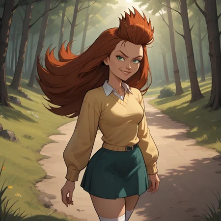 score_9, score_8, BREAK, solo, 1girl, yellow sweater, collared shirt, green skirt, white socks, black footwear, red hair, long hair, spiked hair, green eyes, breasts, total drama, Evil_Scarlett_(Total_Drama), tdpi, sexy pose, self portrait, smile, evil expression, outdoors, sunlight, shadows, evening lighting, natural lighting, forest, trees, grass, orange sky, sunset