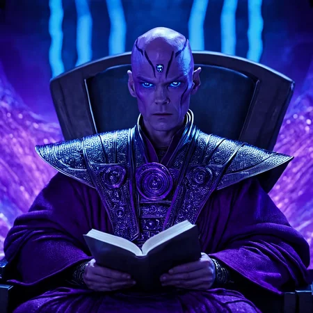 <lora:Year_3000_Movie_StillsSDXL:1> ArsMovieStill, A movie still from the year 3000s, The image shows a close-up of a man sitting on a throne-like chair. He is wearing a metallic armor with intricate designs and patterns. The armor appears to be made of metal and has a shiny metallic finish. The man has a bald head and is balding with a serious expression on his face. He has a purple robe draped over his shoulders and is holding a book in his hands. The background is dark and futuristic with purple and blue lights shining down on him. The overall mood of the image is ominous and ominous., 1boy, male focus, solo, blue eyes, sitting, bald, armor, looking at viewer, colored skin, blurry