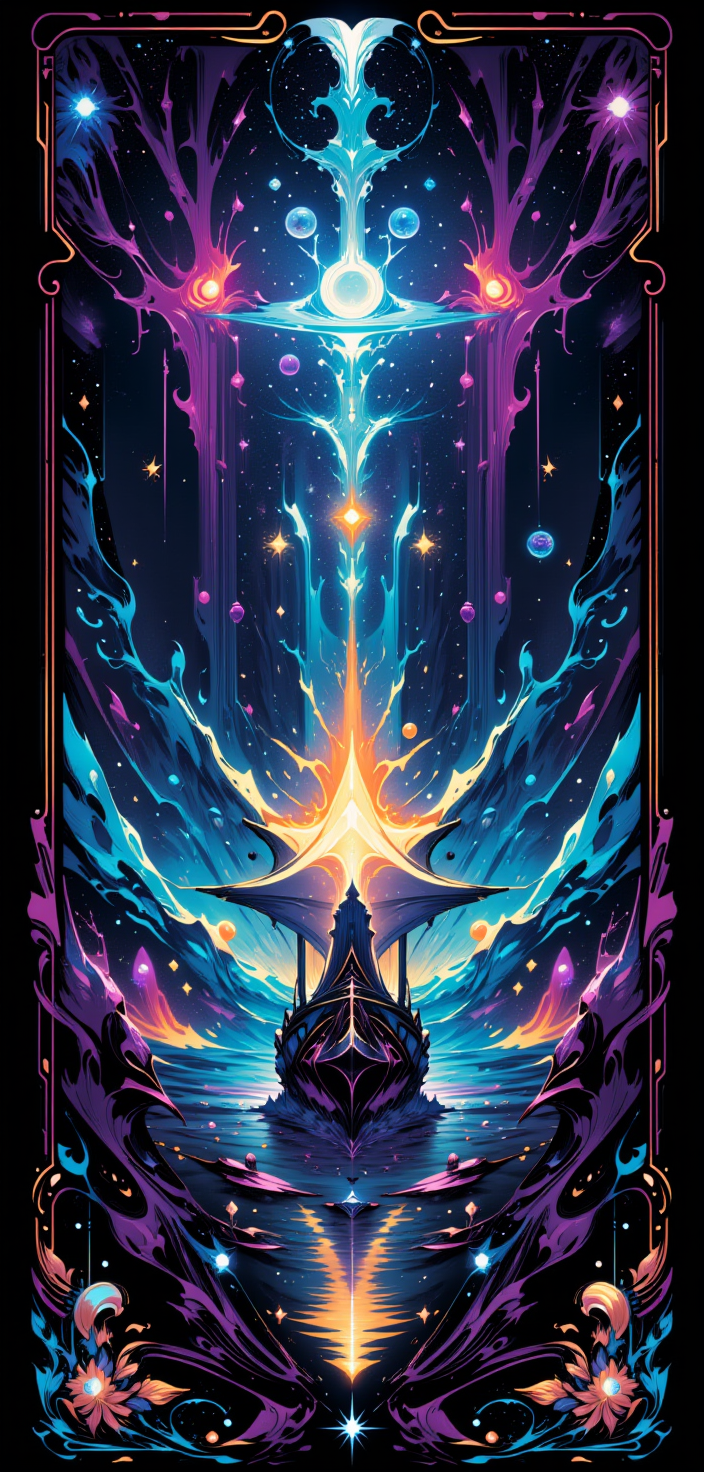 "A stylized Tarot card titled 'The Cosmic Voyager,' featuring a grand galleon with a hull of shimmering metal and wood, sailing across an ocean of deep space filled with luminous nebulae and spiraling galaxies. The ship, echoing the design of 'Lisette,' is propelled by sails made of pure energy, glowing with vibrant hues of blue and violet. At the heart of the card, 'The Voyager' is depicted as a figure cloaked in a robe that shifts like the night sky, holding a radiant astrolabe that casts beams of light across the cosmos. The border is intricately detailed with celestial motifs and futuristic patterns, glowing softly against the dark, cosmic backdrop. The scene captures the spirit of exploration and the endless journey through the mysteries of the universe."
<lora:abstract_render_flux:0.4>,<lora:Painted_World_Flux:0.8>,<lora:Dreamwave_FLUX:0.6>,<lora:dreamlands_flux:0.6>,