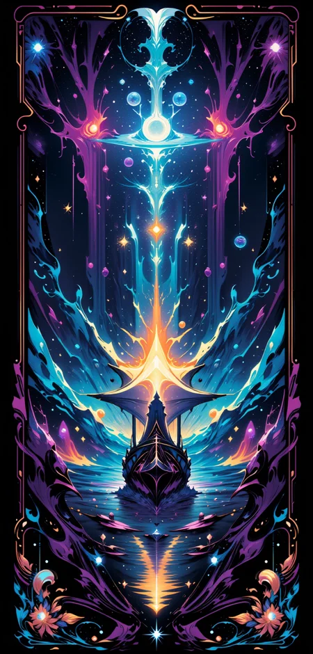 "A stylized Tarot card titled 'The Cosmic Voyager,' featuring a grand galleon with a hull of shimmering metal and wood, sailing across an ocean of deep space filled with luminous nebulae and spiraling galaxies. The ship, echoing the design of 'Lisette,' is propelled by sails made of pure energy, glowing with vibrant hues of blue and violet. At the heart of the card, 'The Voyager' is depicted as a figure cloaked in a robe that shifts like the night sky, holding a radiant astrolabe that casts beams of light across the cosmos. The border is intricately detailed with celestial motifs and futuristic patterns, glowing softly against the dark, cosmic backdrop. The scene captures the spirit of exploration and the endless journey through the mysteries of the universe."
<lora:abstract_render_flux:0.4>,<lora:Painted_World_Flux:0.8>,<lora:Dreamwave_FLUX:0.6>,<lora:dreamlands_flux:0.6>,