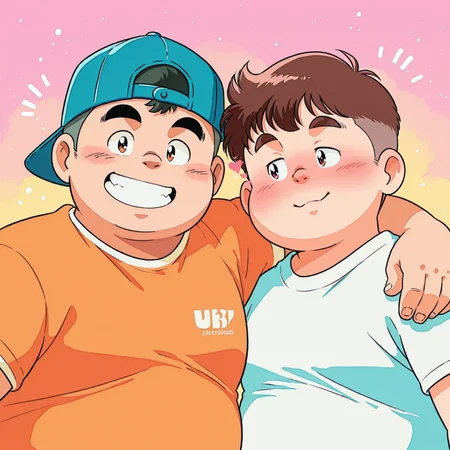 painted_style, watercolor_style, no_lineart, negative_space, retro, 1980s, anime, soft_colors, pastel, (gaussian_blur:1.2), line_blur, portrait, 1_looking_at_viewer, 1_looking_at_another
2boys, chubby, fat, big_boy, tall, bara, beefy, detailed_face, detailed_eyes, short_hair, 1_wavy_hair, 1_straight_hair, bowlcut, undercut, clothes, 1_backwards_hat
standing, side_by_side, arm_around_shoulder, posing, 1_big_smile, 1_shy, V
drop_shadow, color_background, three_quarter_view
best_quality, very_aesthetic, newest, absurdres, masterpiece, detailed, heavy_blush, nose_blush, floating_heart