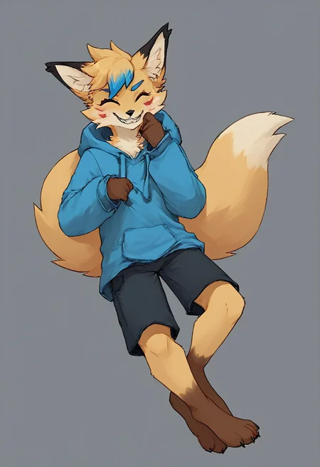 score_9, score_8_up, score_7_up, csr style, solo, depth of field, solo, male, masterpiece, best quality, absurdres, highly detailed,
source_furry, looking at viewer, smile, paws, fox, sharp tooth grin, multicolored hair, hair tuft, blue tip dyed hair, eyes closed, squint, golden fur, mainly golden hair, hair tuft over one eye, blue eyebrows,
BREAK, foenix, black face markings, whisker marks, kitsune facial marks, brown hands, brown feet, yellow earfluff, cute, facial markings, black ears, blue tip dyed hair, blue eyebrows, closed eyes, squint,
BREAK, blush, smiling, happy, looking_at_viewer, score_7_up, score_8_up, score_9, by nomifuk, cute:1.2, tailwag, wink, grin, oversized cyan hoodie, dark hood, black shorts,
BREAK, masterpiece, best quality, highres, intricate details, 4k, stunning, (fullbody, feet), beautiful lighting, soft lighting, Score_9_up, score_8_up, score_7_up, body pillow, body pillow cover, dakimakura